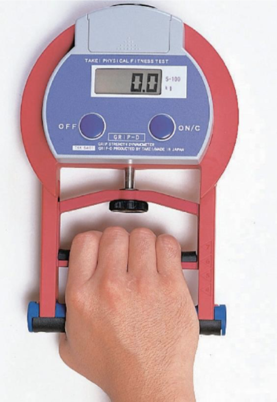 A picture showing hand grip strength testing